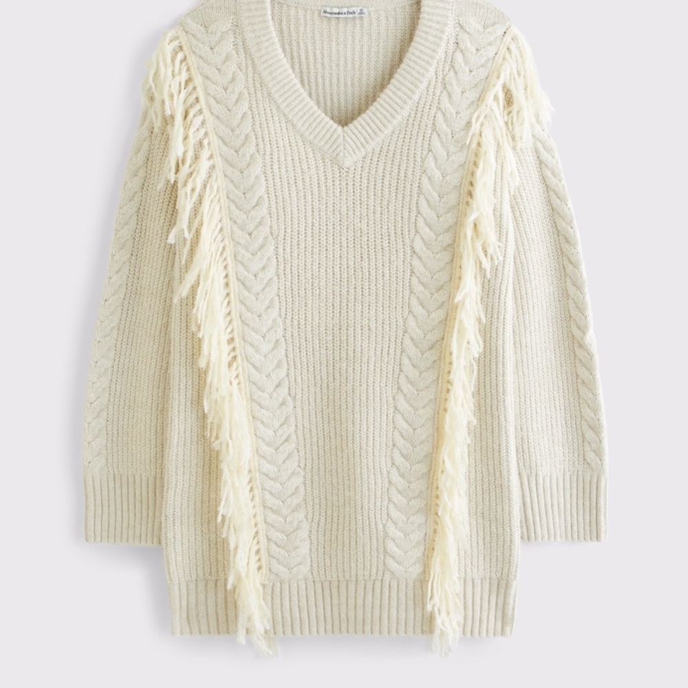 Abercrombie & Fitch V-Neck Cream Fringe Sweater Mini Dress size Large Petite